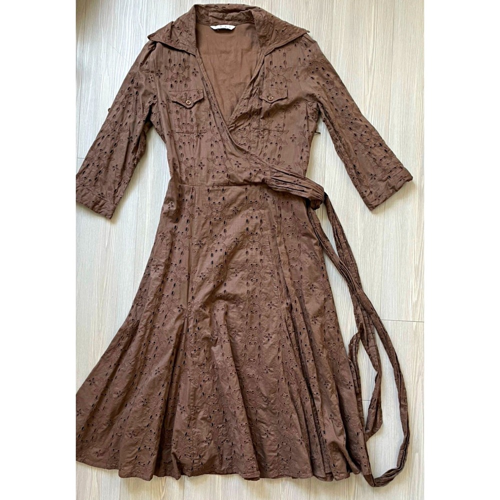 CAbi Women's Brown Cotton Eyelet Wrap Midi Dress V-Neck Belted Sz M Cottagecore